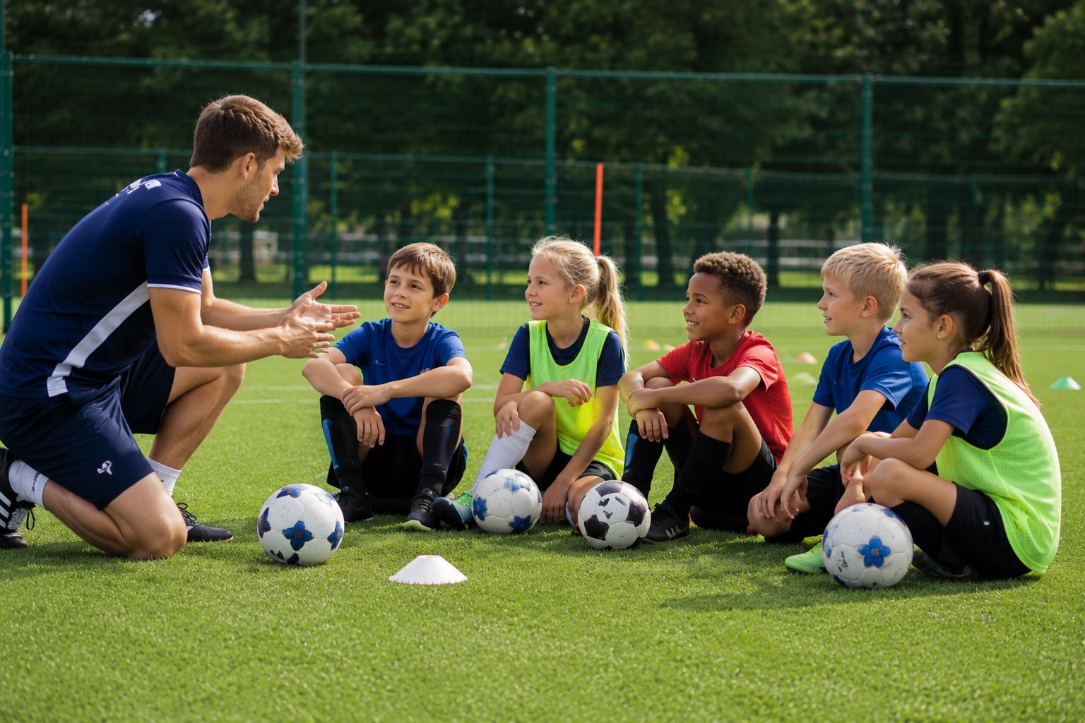 Football coach talking to a group of children sitting on a grass pitch