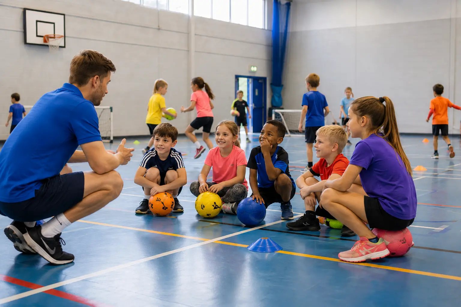 Coach in a sports hall talking to children sitting on footballs