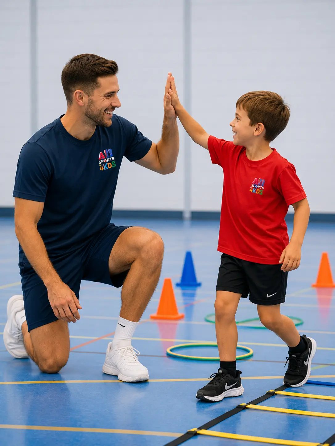 All Sports 4 Kids coach high-fiving a young boy in a red club t-shirt