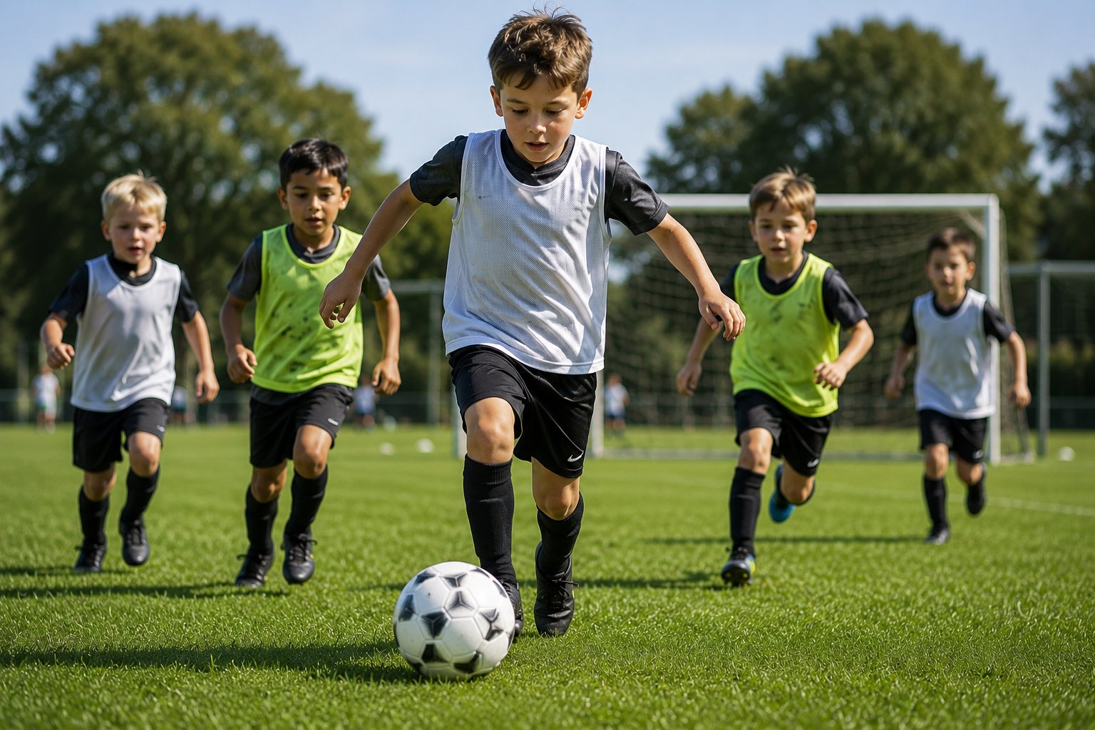 Children in bibs dribbling footballs across a grass pitch
